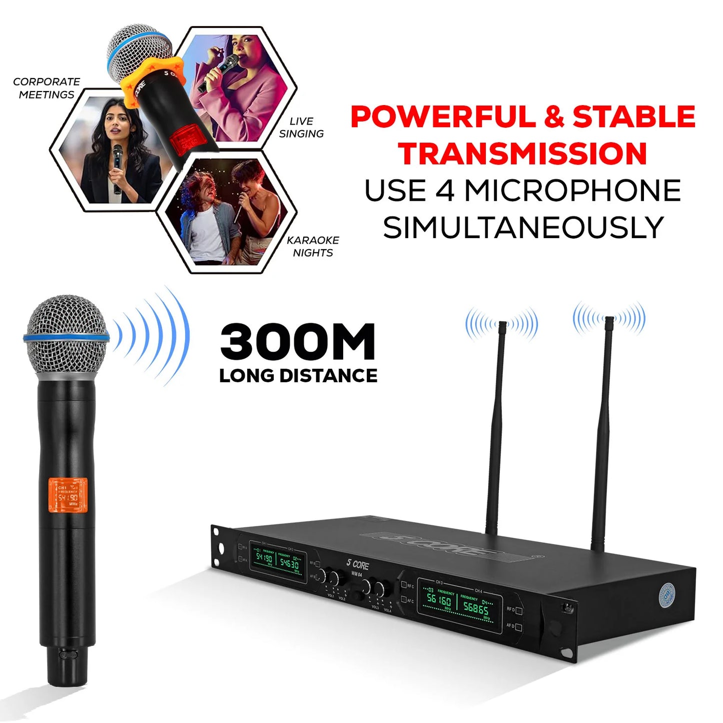 5 Core Wireless Microphone System 4 Channel UHF 492F Range Portable Receiver W Cordless Mic