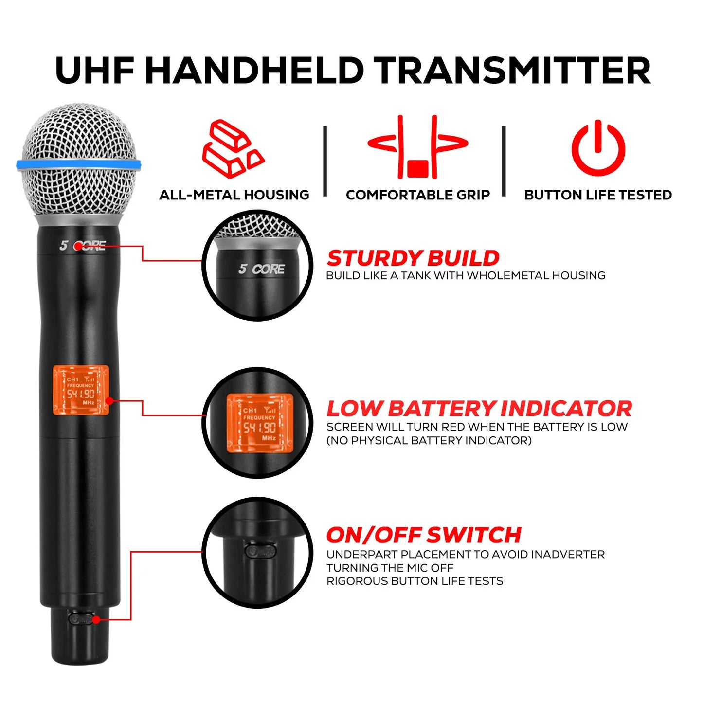 5 Core Wireless Microphone System 4 Channel UHF 492F Range Portable Receiver W Cordless Mic
