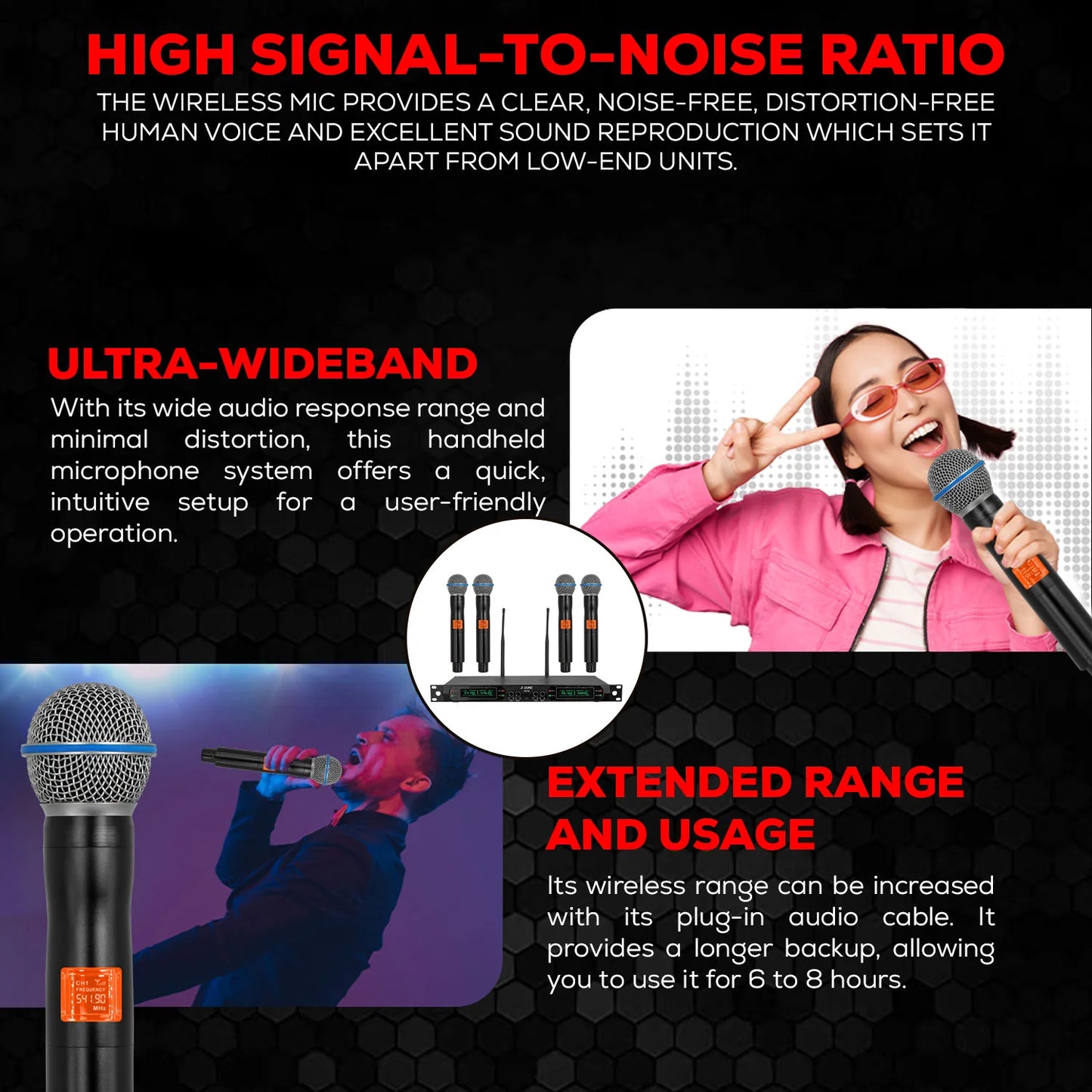 5 Core Wireless Microphone System 4 Channel UHF 492F Range Portable Receiver W Cordless Mic