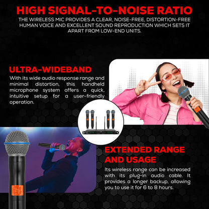 5 Core Wireless Microphone System 4 Channel UHF 492F Range Portable Receiver W Cordless Mic
