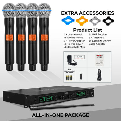 5 Core Wireless Microphone System 4 Channel UHF 492F Range Portable Receiver W Cordless Mic